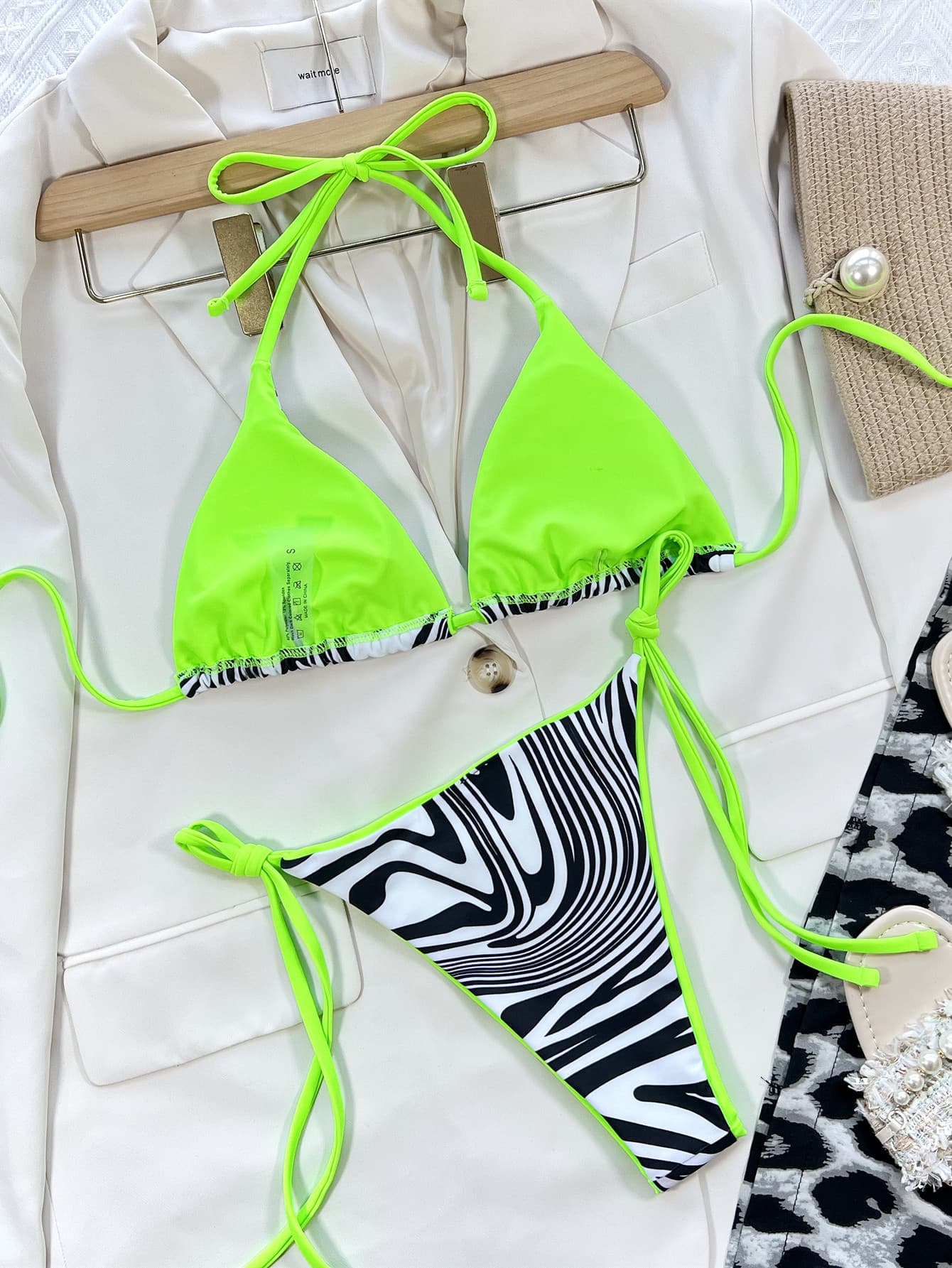 Zebra Print Halter Neck Bikini Set in Mint Green