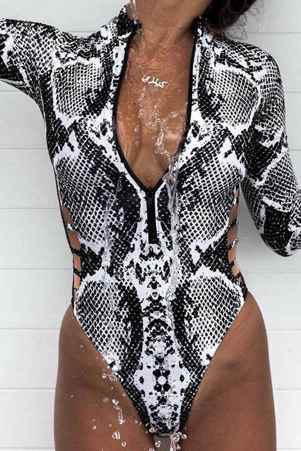 Animal Print Zipper Cut-Out Wetsuit in Snake, Leopard, and Blue