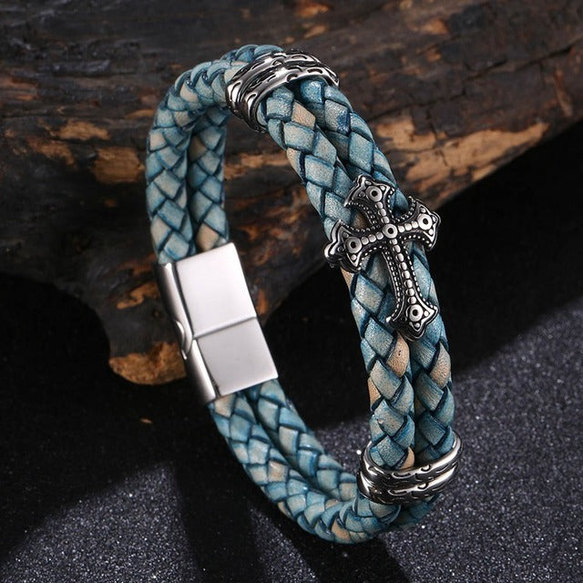 Boutique Elegant Cross-Patterned Stainless Steel and Leather Bracelet