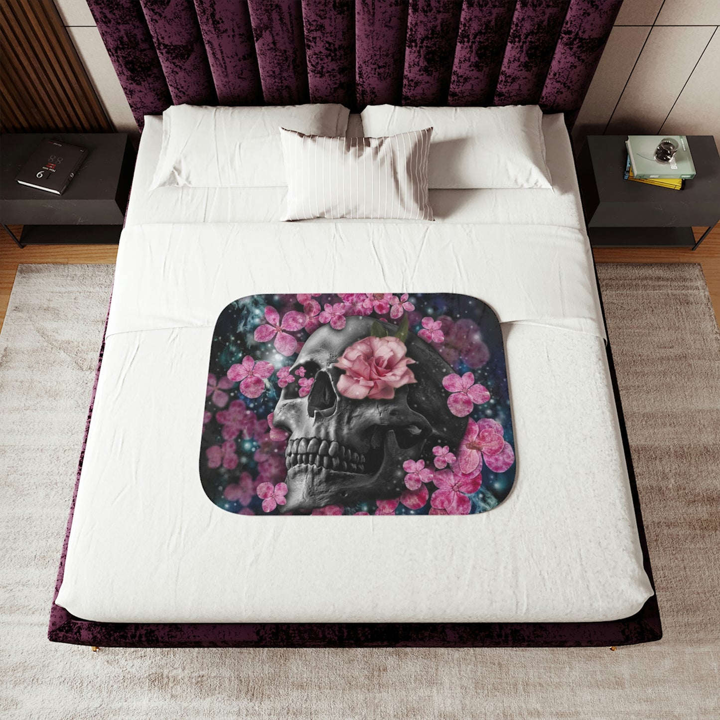 SKULL & ROSES Sherpa Blanket, Throw Blanket - Two Backing Color Options, 3 Size Options