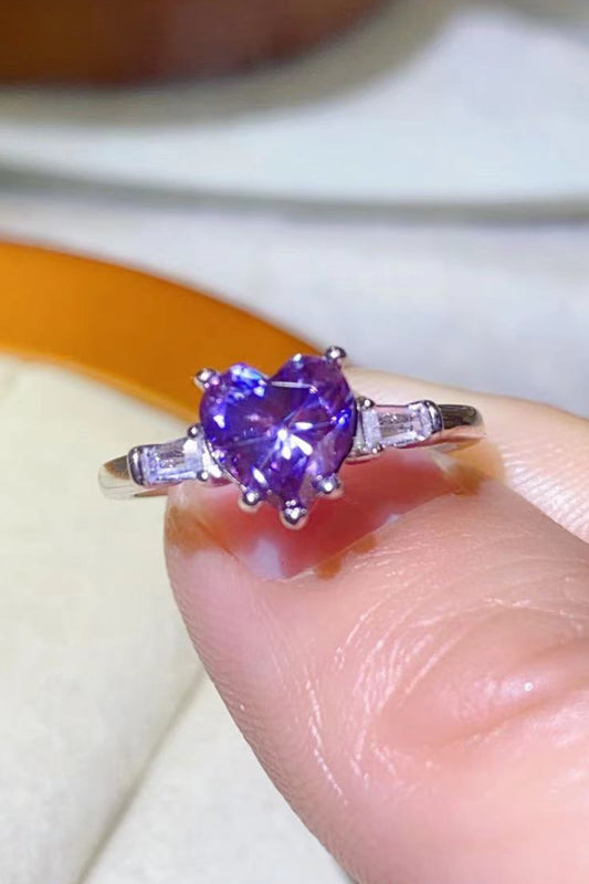 1 Carat Purple Moissanite Heart-Shaped Platinum-Plated Ring