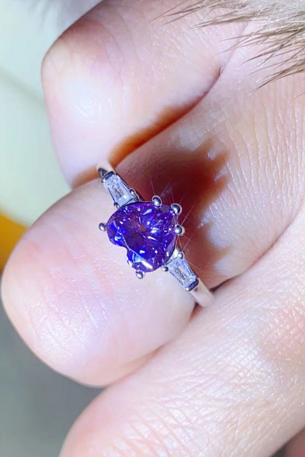 1 Carat Purple Moissanite Heart-Shaped Platinum-Plated Ring