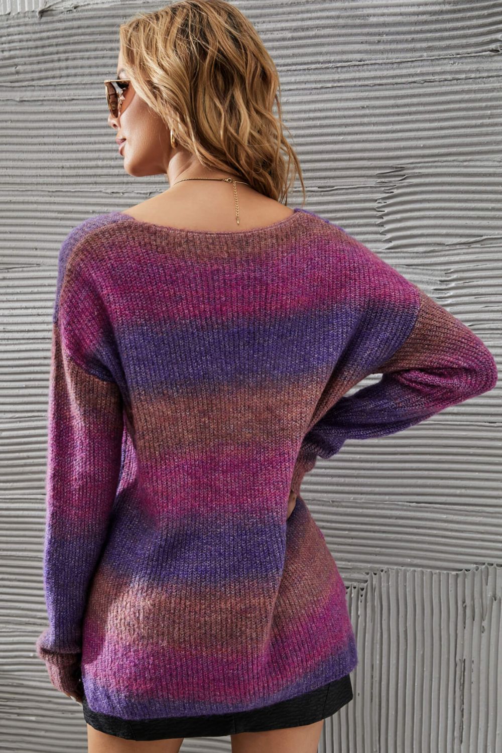 Boutique Multicolored Rib-Knit V-Neck Pullover