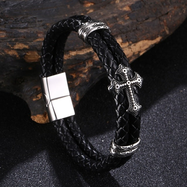 Boutique Elegant Cross-Patterned Stainless Steel and Leather Bracelet