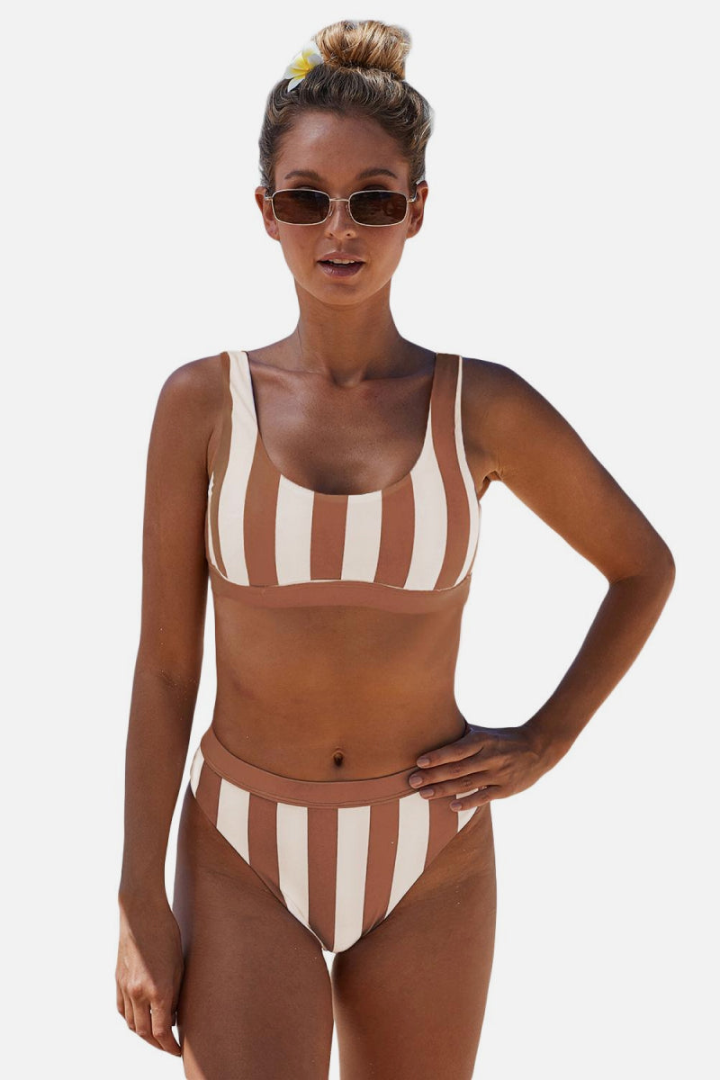 Striped Tank High Waist Bikini in Brown, Black, and Leopard Pint