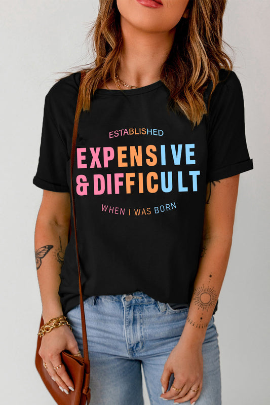 DIFFICULT  Slogan Graphic Cuffed Sleeve Tee