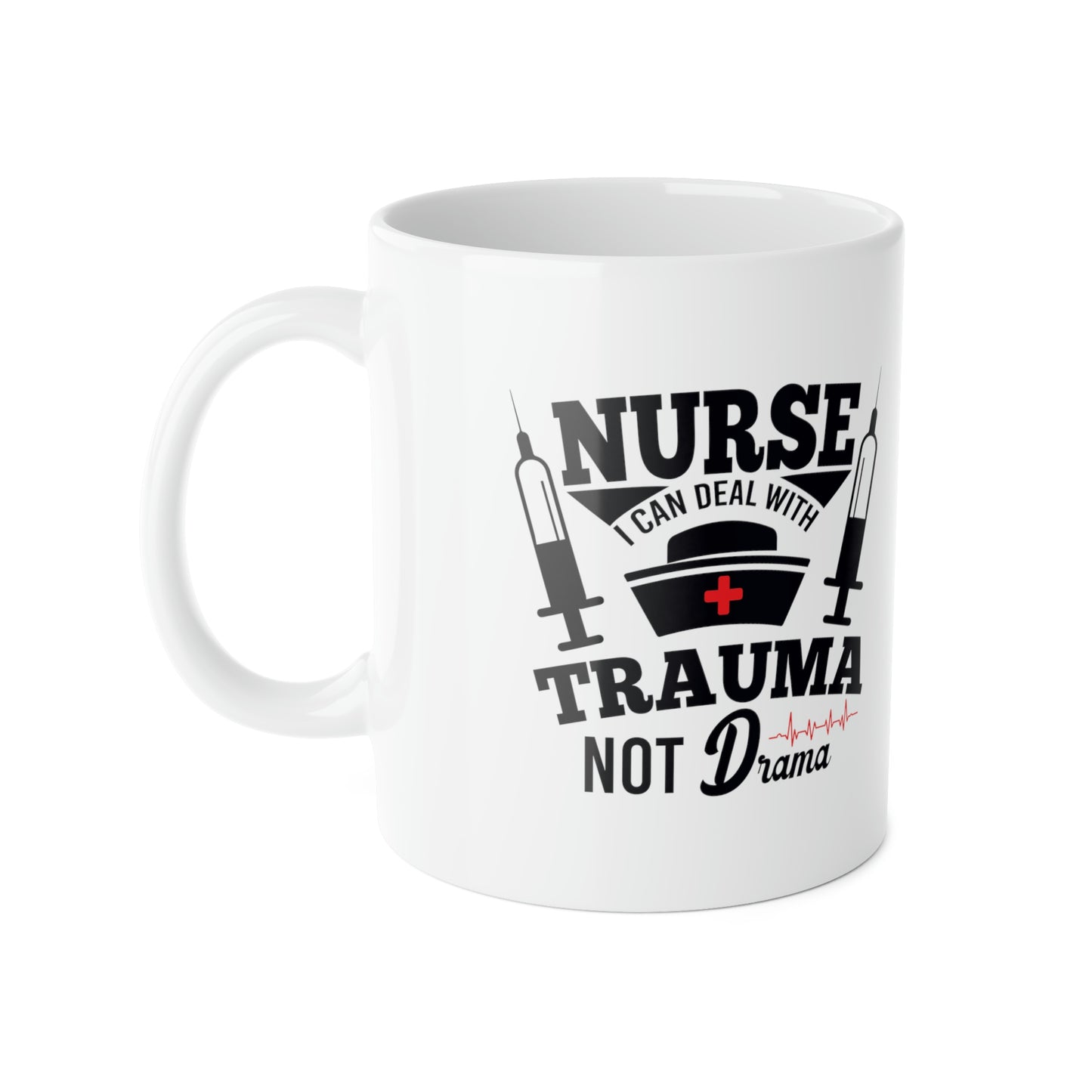 TRAUMA NOT DRAMA White Ceramic Mug, 11oz