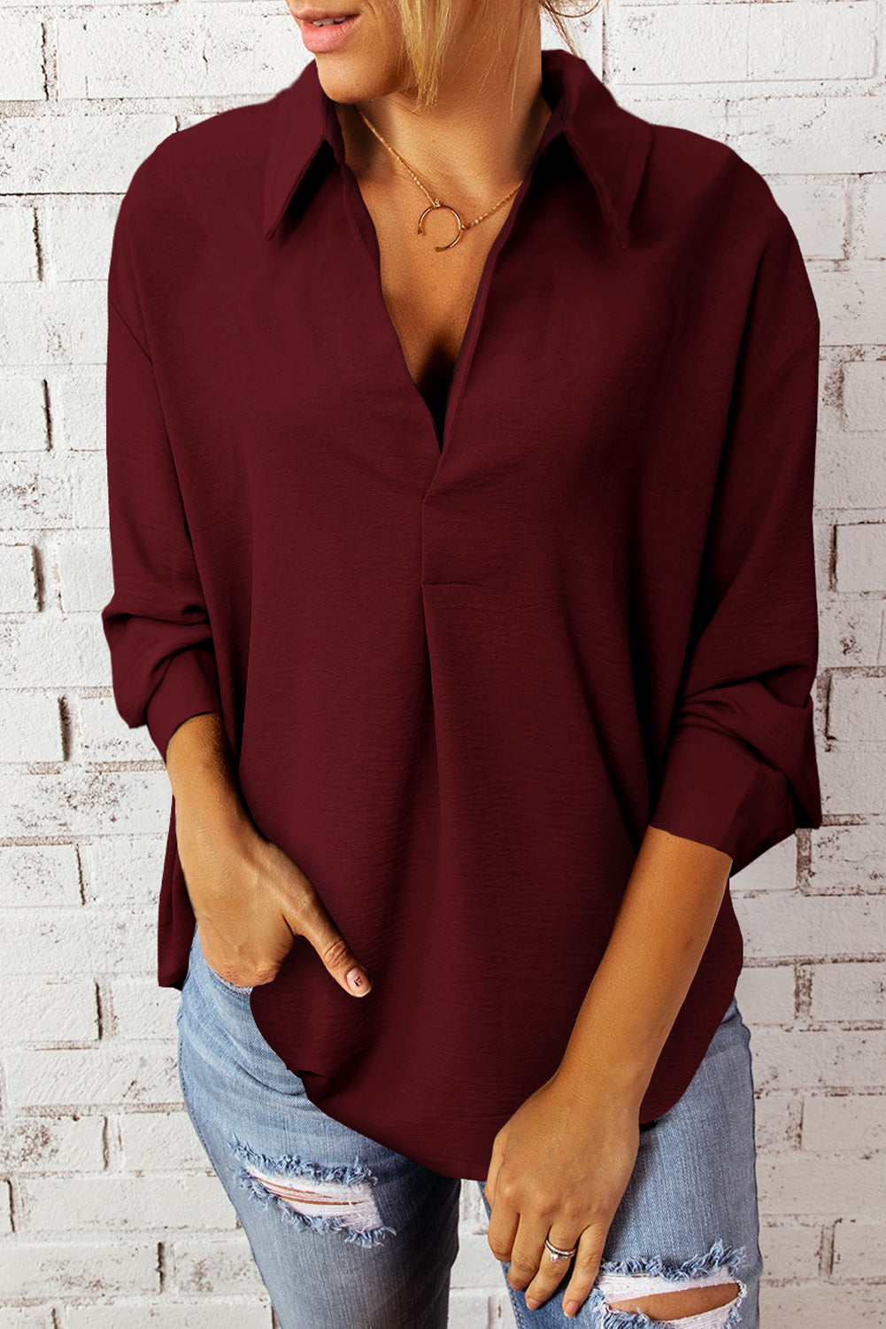 Boutique Textured Johnny Collar Three-Quarter Sleeve Blouse