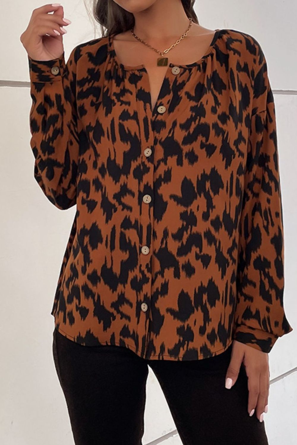 Safari Print Dropped Shoulder Button-Up Blouse