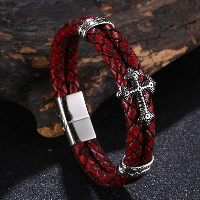 Boutique Elegant Cross-Patterned Stainless Steel and Leather Bracelet