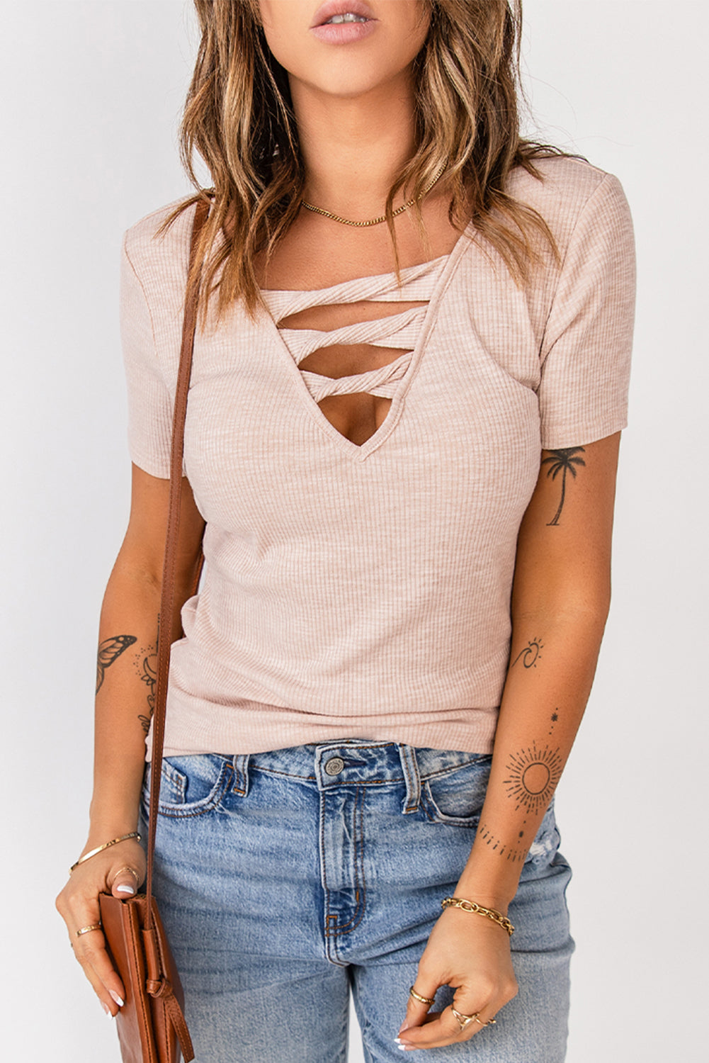 Boutique Strappy Ribbed Knit T-Shirt