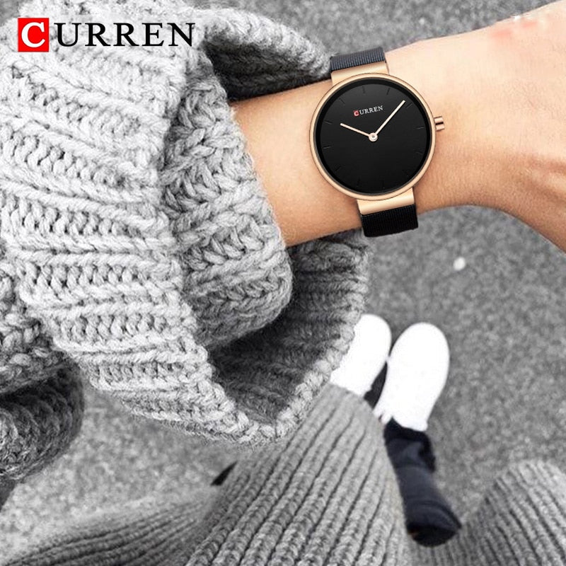 CURREN 9016 Fashion Blue Ladies Watches Mesh Stainless Steel Quartz Watch Women Luxury Simple Wristwatches Analog Lady Clock