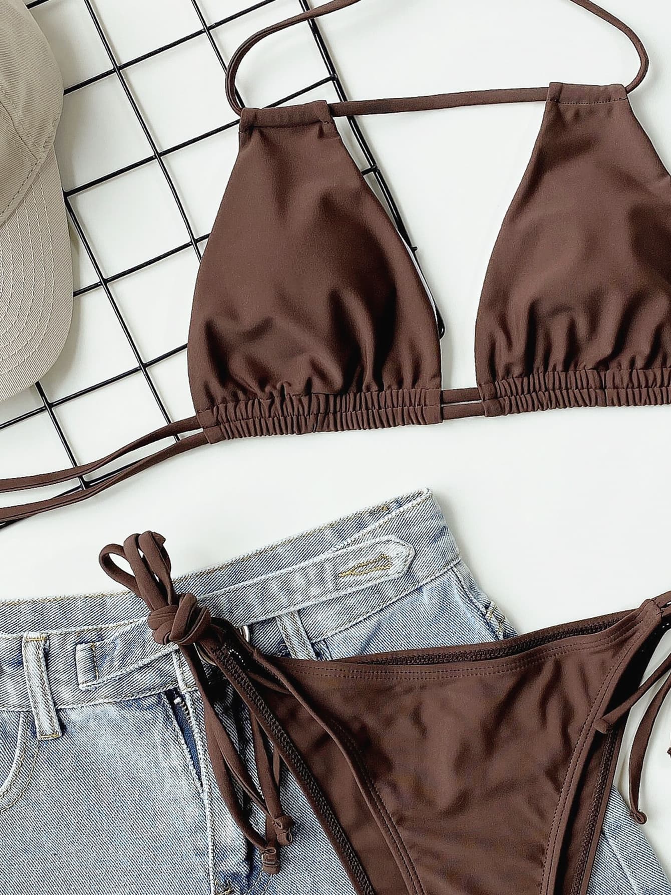 Halter Neck Ruched Bikini Set, Brown