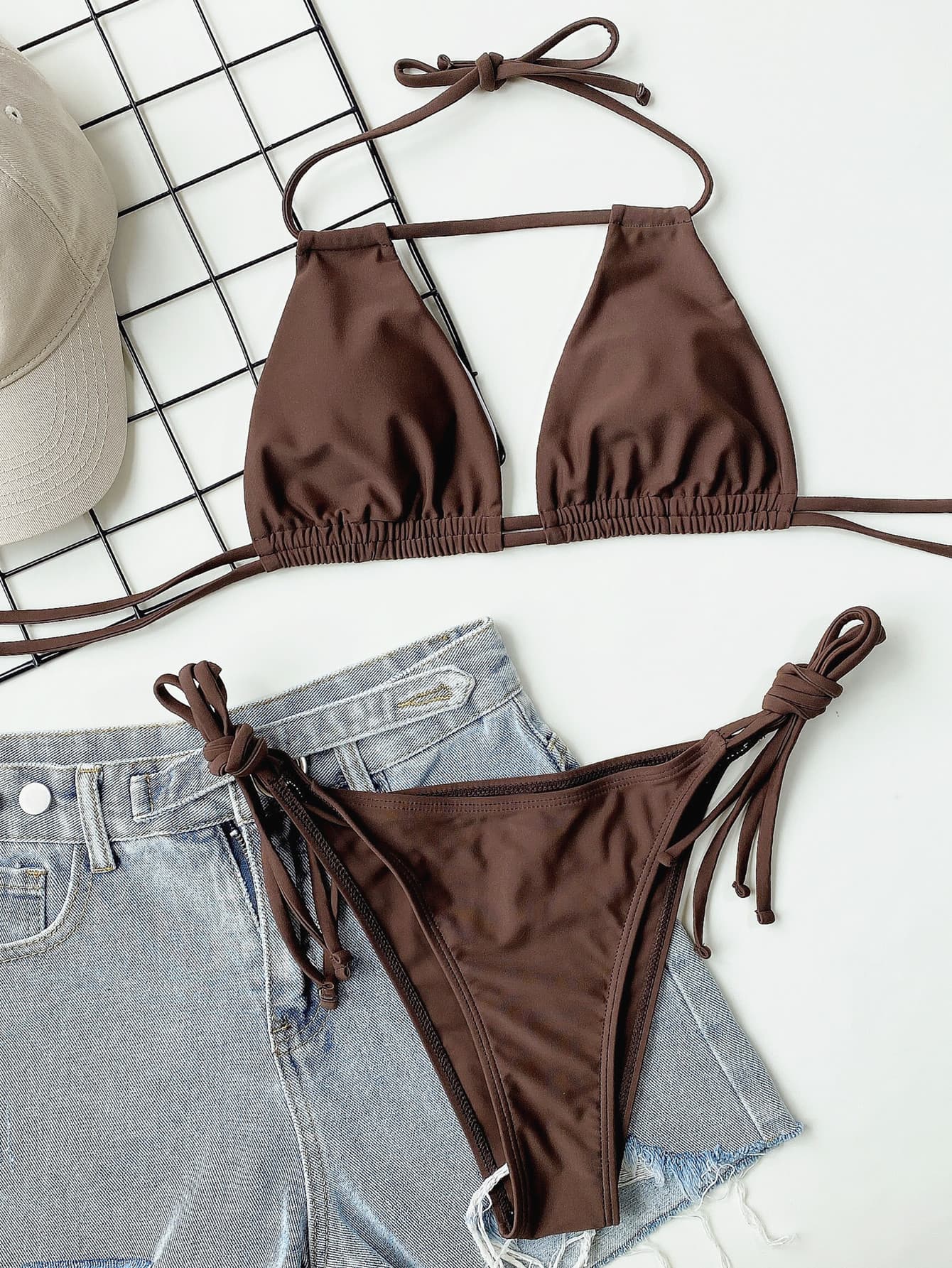 Halter Neck Ruched Bikini Set, Brown