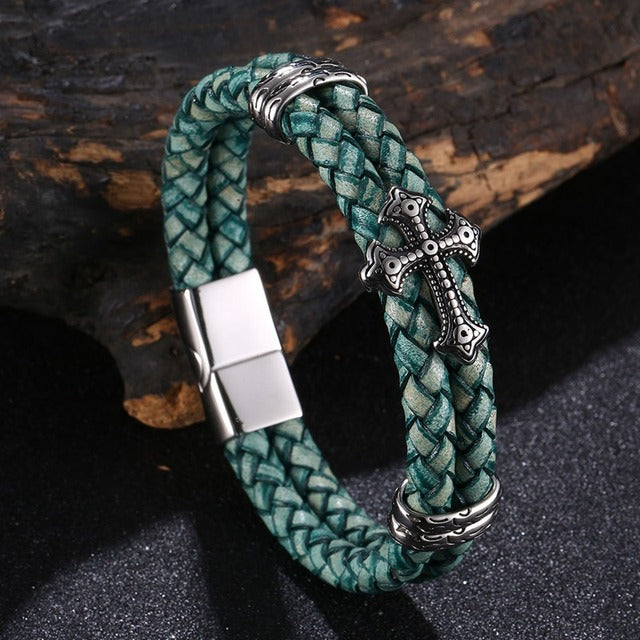 Boutique Elegant Cross-Patterned Stainless Steel and Leather Bracelet