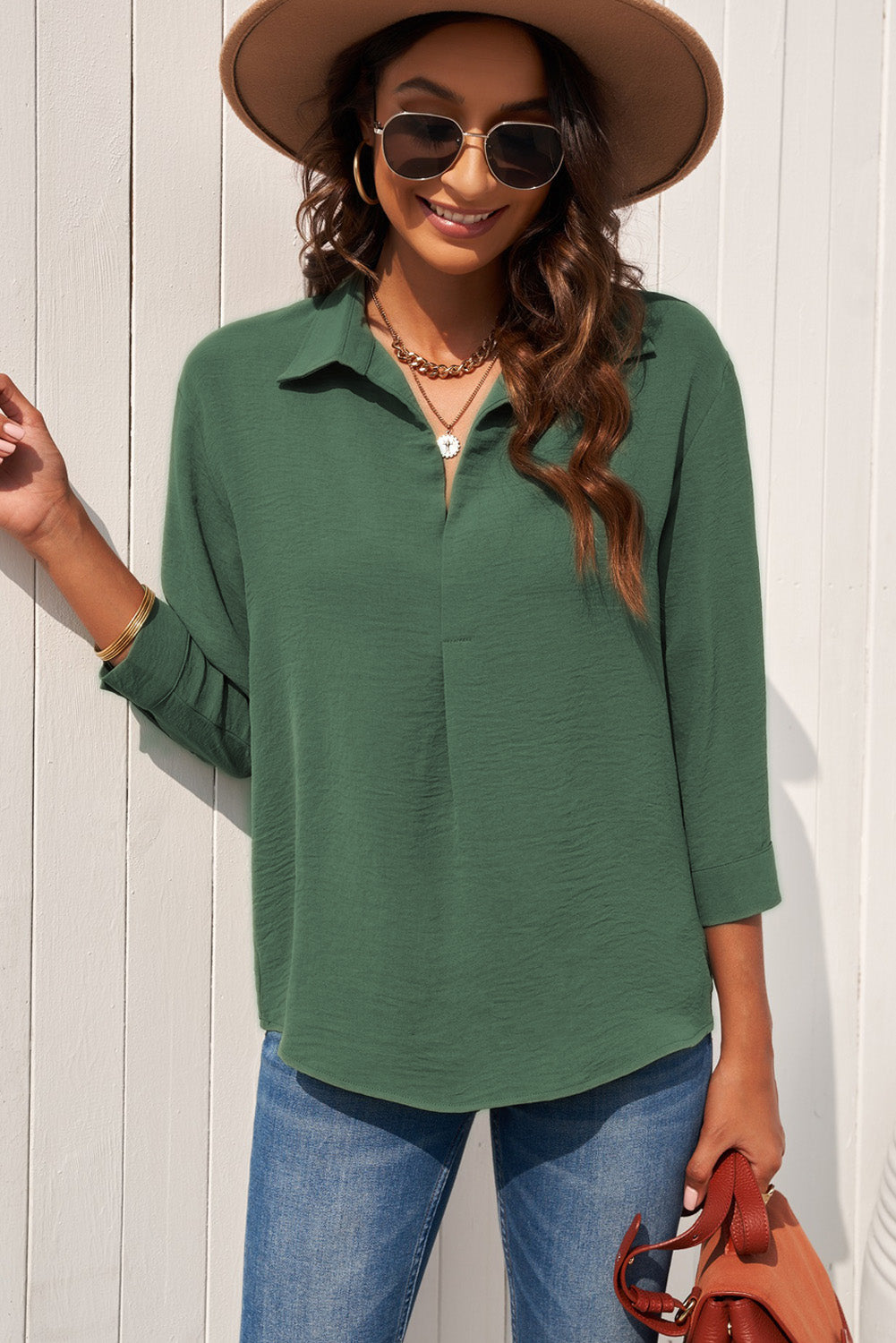 Boutique Textured Johnny Collar Three-Quarter Sleeve Blouse