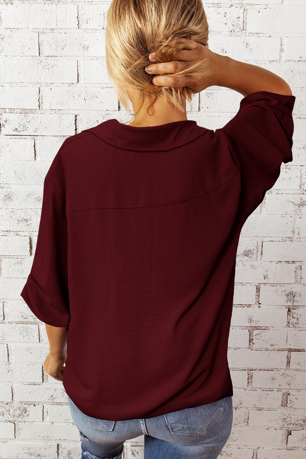 Boutique Textured Johnny Collar Three-Quarter Sleeve Blouse