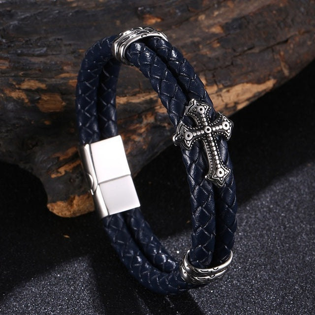 Boutique Elegant Cross-Patterned Stainless Steel and Leather Bracelet