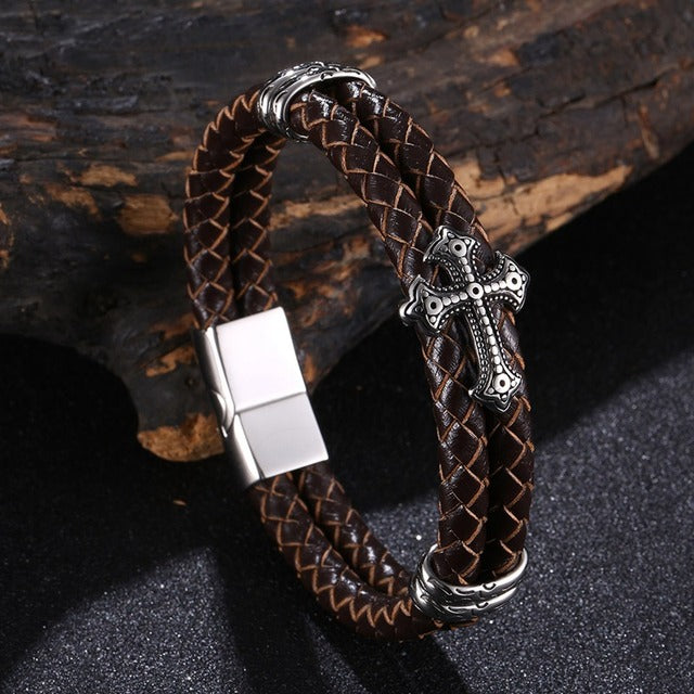 Boutique Elegant Cross-Patterned Stainless Steel and Leather Bracelet