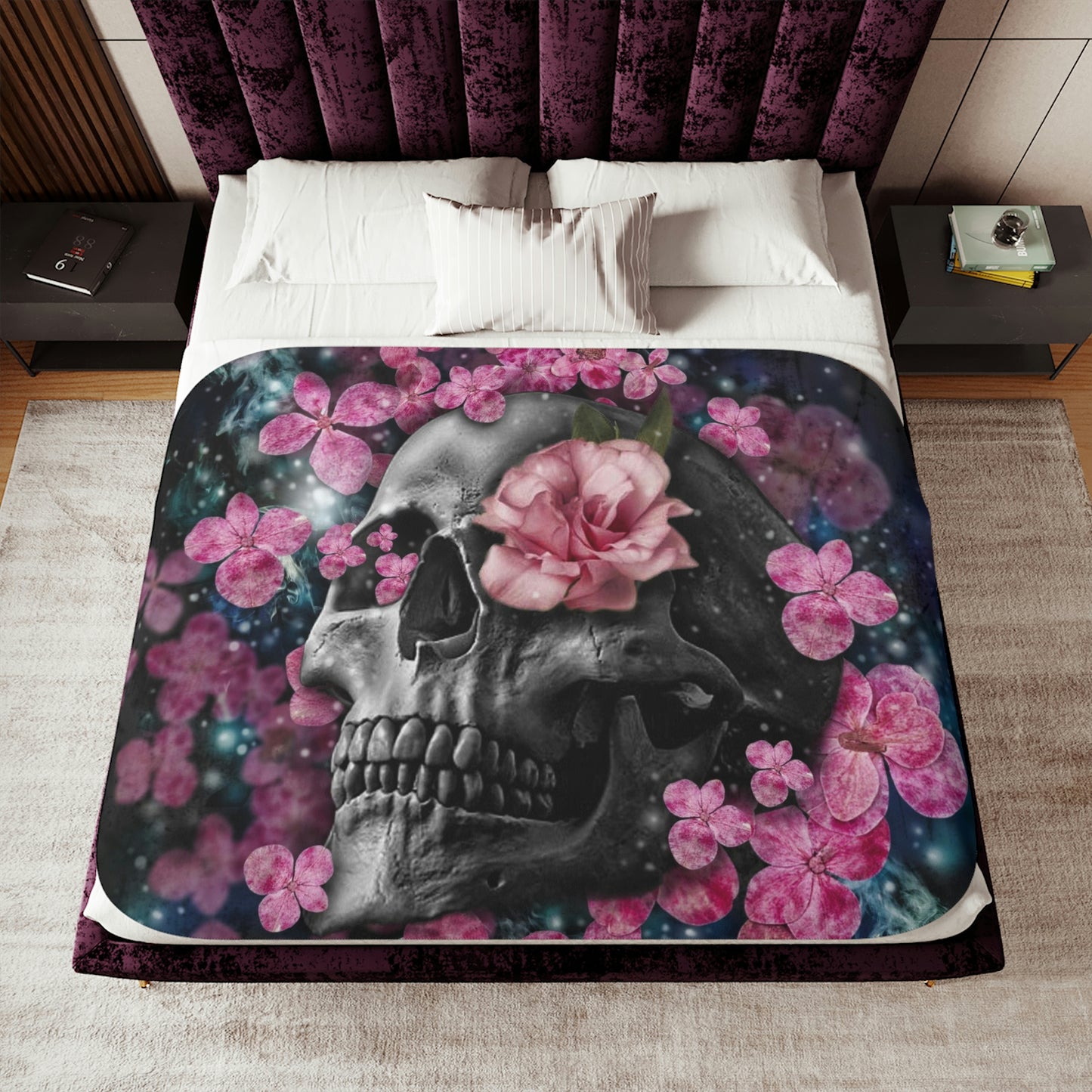 SKULL & ROSES Sherpa Blanket, Throw Blanket - Two Backing Color Options, 3 Size Options