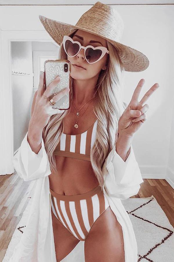 Striped Tank High Waist Bikini in Brown, Black, and Leopard Pint