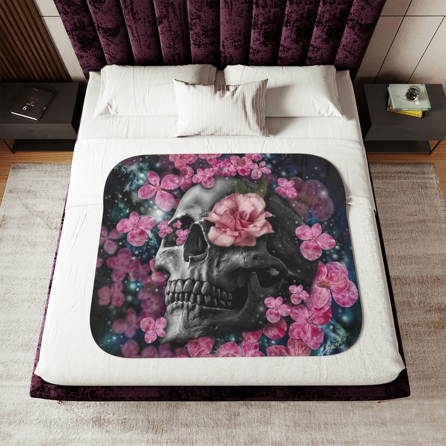 SKULL & ROSES Sherpa Blanket, Throw Blanket - Two Backing Color Options, 3 Size Options