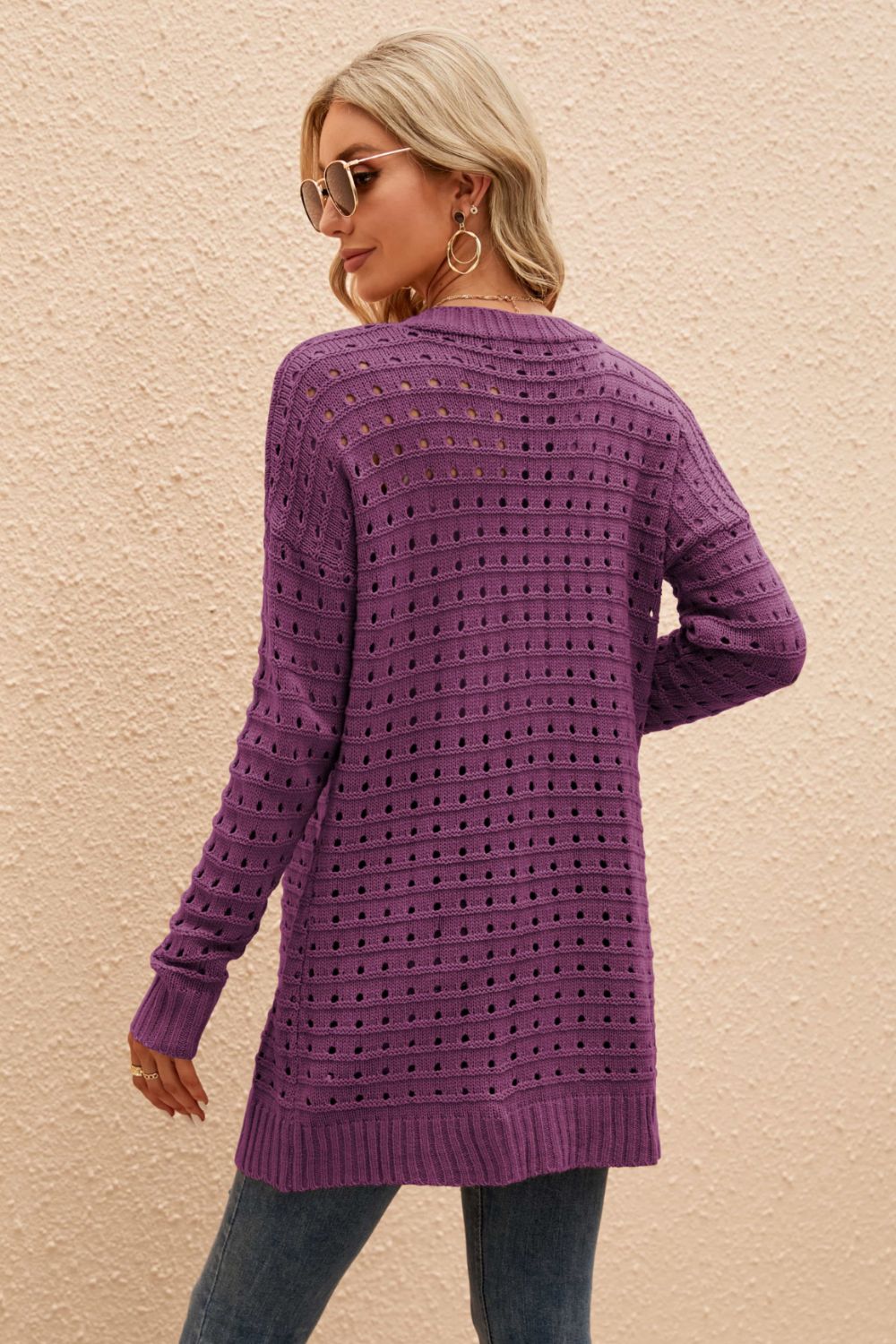 Openwork Horizontal Ribbing Open Front Cardigan