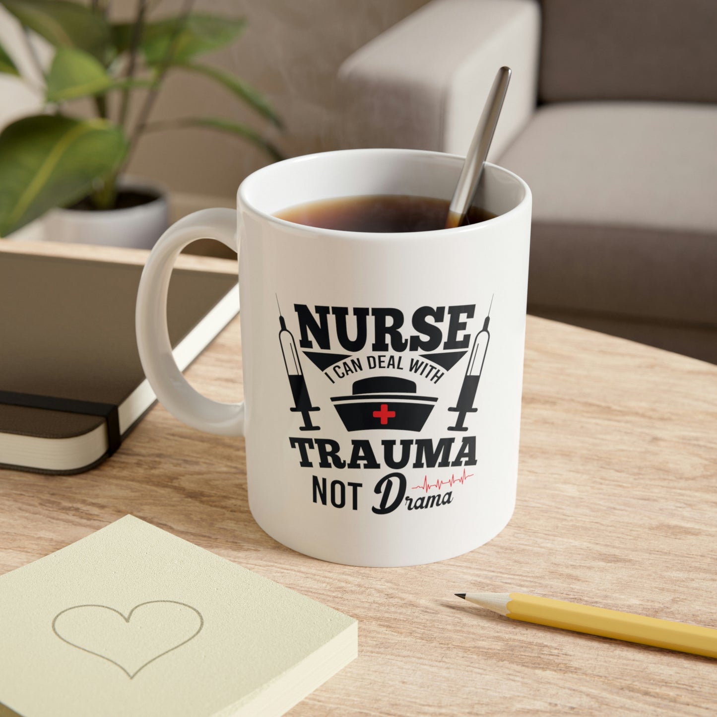 TRAUMA NOT DRAMA White Ceramic Mug, 11oz