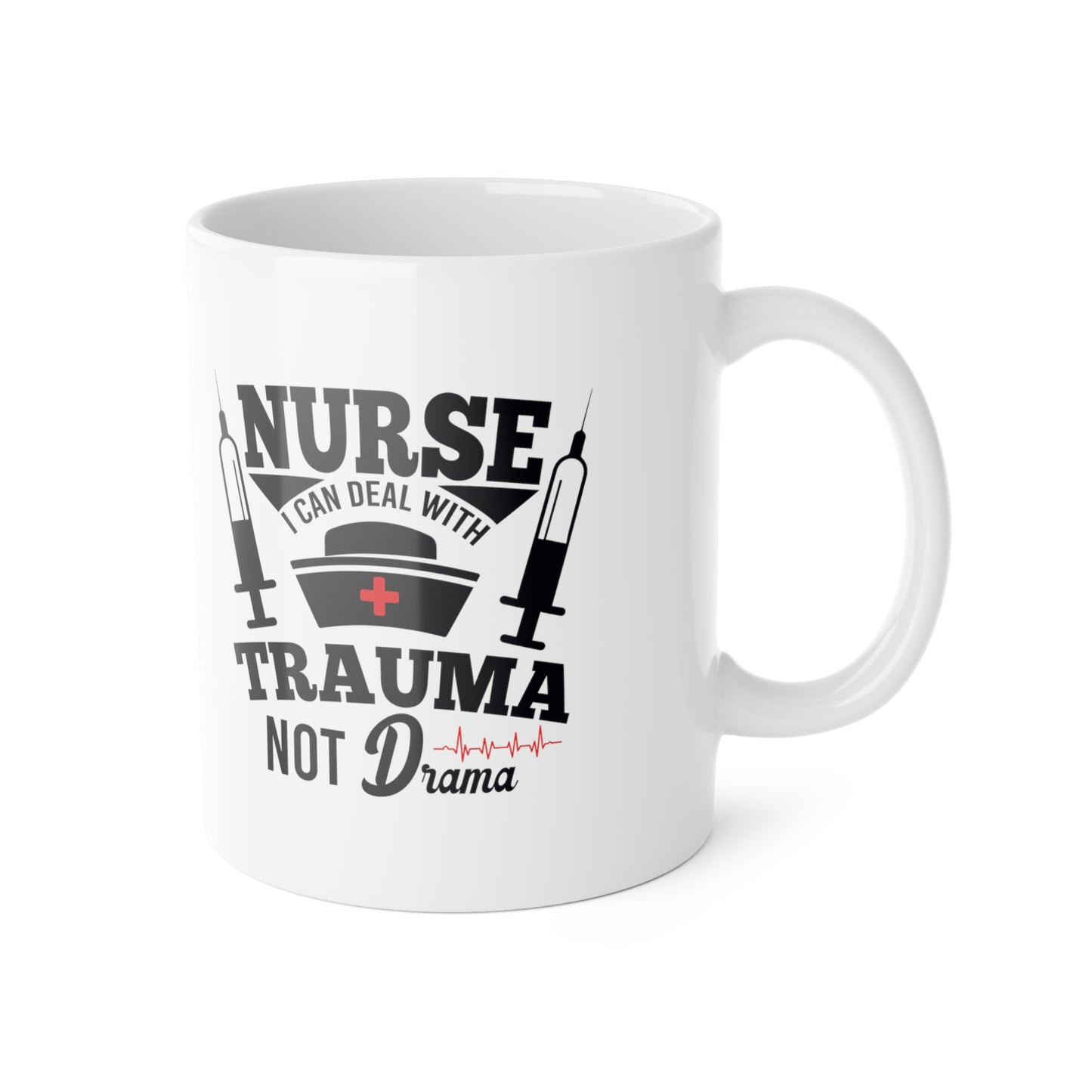 TRAUMA NOT DRAMA White Ceramic Mug, 11oz